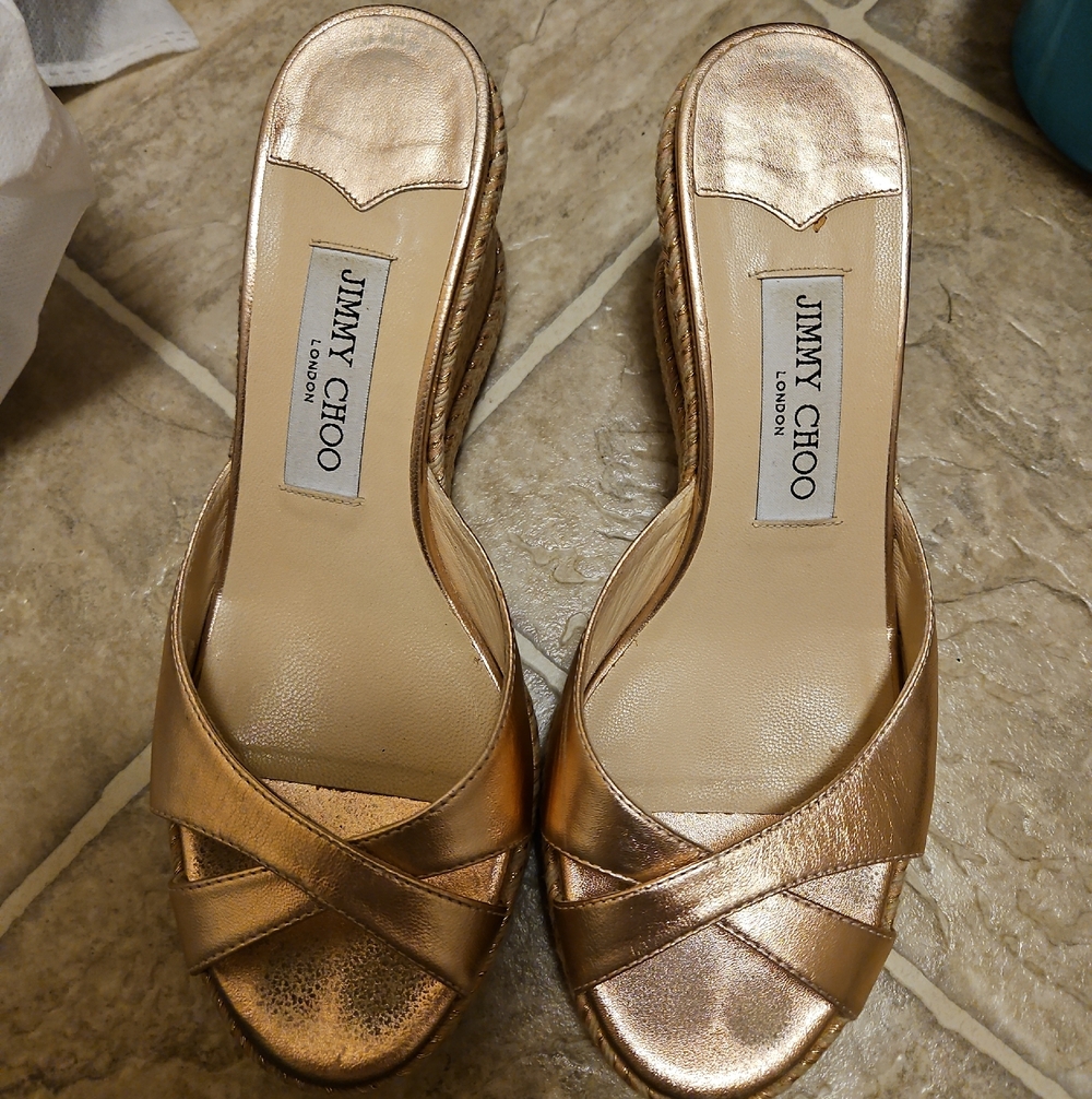 Jimmy Choo Rose Gold Leather Crisscross Slide Mules